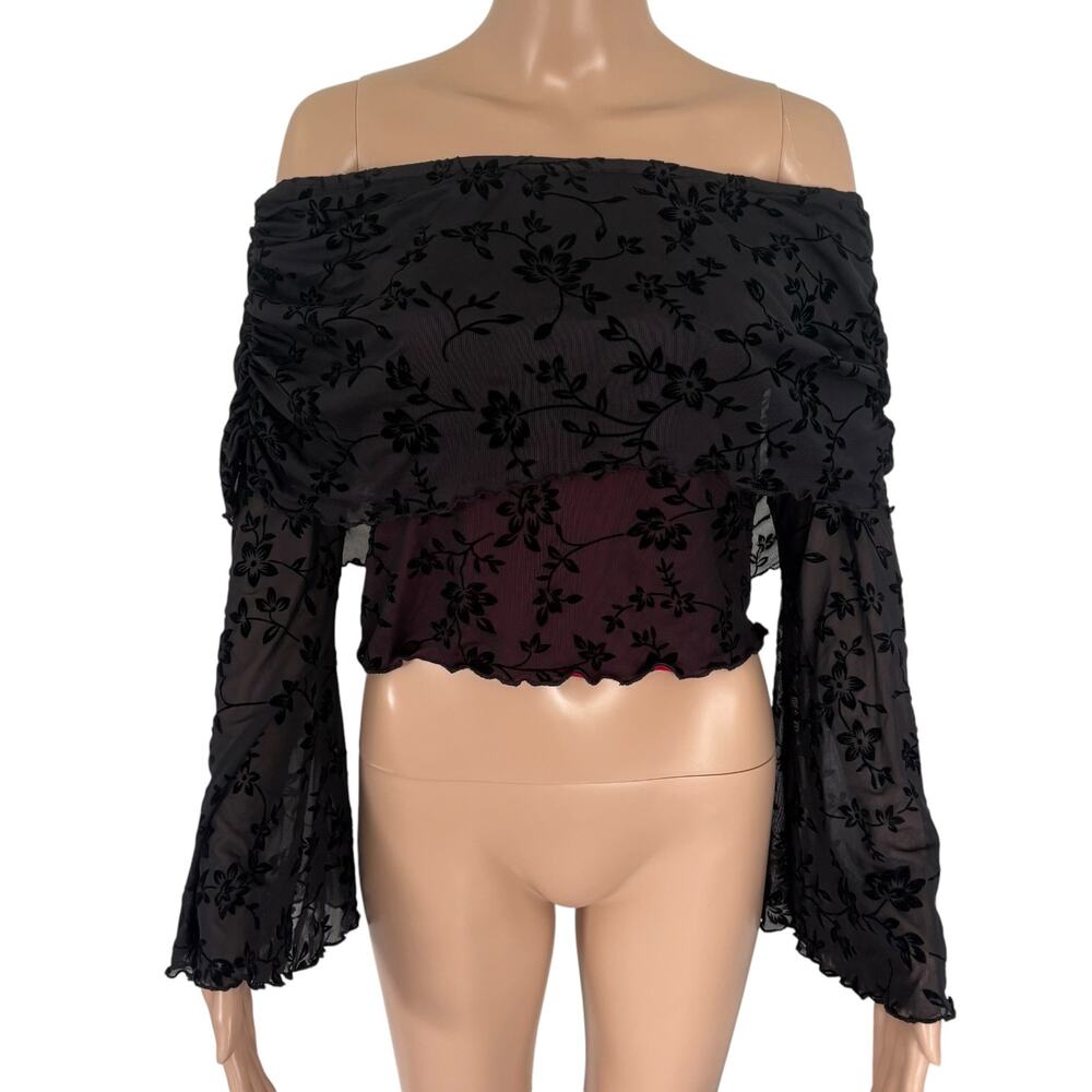 Y2K Whimsigoth Burnout Velvet Mesh Floral Off Shoulder Bell Sleeve Crop Top M